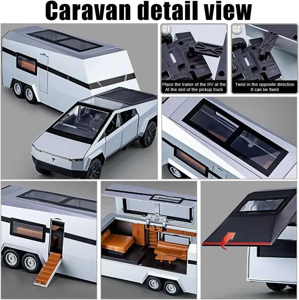 TESLA CYBER TRUCK PICK-UP TRAILER CAMPER 1:32 DIECAST METAL PULLBACK TOY CAR WITH OPENABLE DOORS & LIGHT, MUSIC BOYS CAR FOR KIDS BEST TOYS GIFTS TOYS FOR KIDS【 COLOR AS PER STOCK 】
