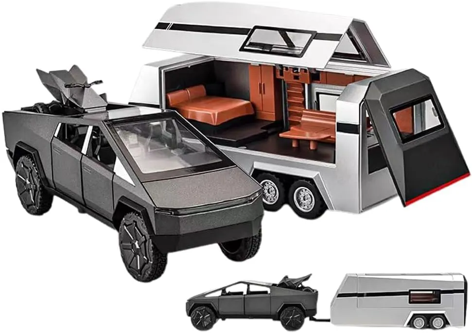 TESLA CYBER TRUCK PICK-UP TRAILER CAMPER 1:32 DIECAST METAL PULLBACK TOY CAR WITH OPENABLE DOORS & LIGHT, MUSIC BOYS CAR FOR KIDS BEST TOYS GIFTS TOYS FOR KIDS【 COLOR AS PER STOCK 】
