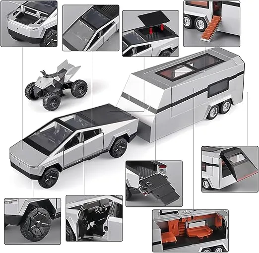 TESLA CYBER TRUCK PICK-UP TRAILER CAMPER 1:32 DIECAST METAL PULLBACK TOY CAR WITH OPENABLE DOORS & LIGHT, MUSIC BOYS CAR FOR KIDS BEST TOYS GIFTS TOYS FOR KIDS【 COLOR AS PER STOCK 】