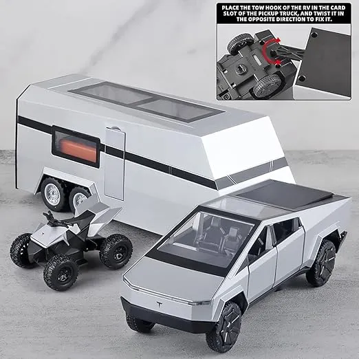 TESLA CYBER TRUCK PICK-UP TRAILER CAMPER 1:32 DIECAST METAL PULLBACK TOY CAR WITH OPENABLE DOORS & LIGHT, MUSIC BOYS CAR FOR KIDS BEST TOYS GIFTS TOYS FOR KIDS【 COLOR AS PER STOCK 】