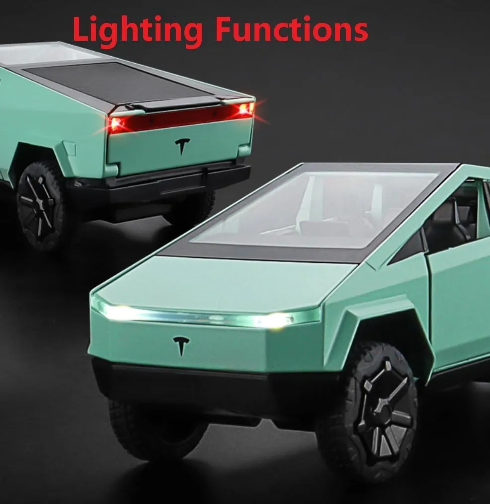 TESLA CYBER TRUCK PICK-UP TRAILER CAMPER 1:32 DIECAST METAL PULLBACK TOY CAR WITH OPENABLE DOORS & LIGHT, MUSIC BOYS CAR FOR KIDS BEST TOYS GIFTS TOYS FOR KIDS【 COLOR AS PER STOCK 】