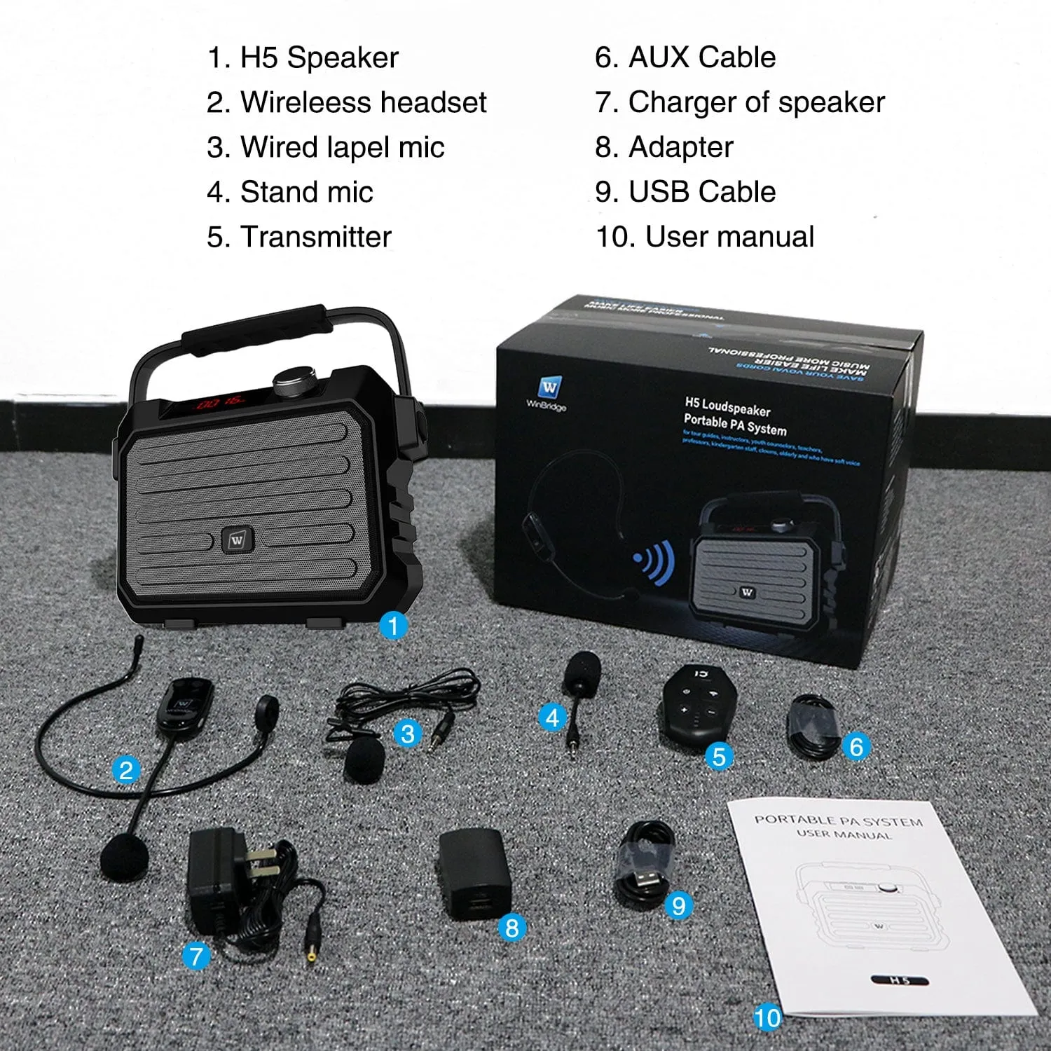 WinBridge H5 Plus Portable PA System With Wireless Headset And Lapel Lavalier Microphone Transmitter