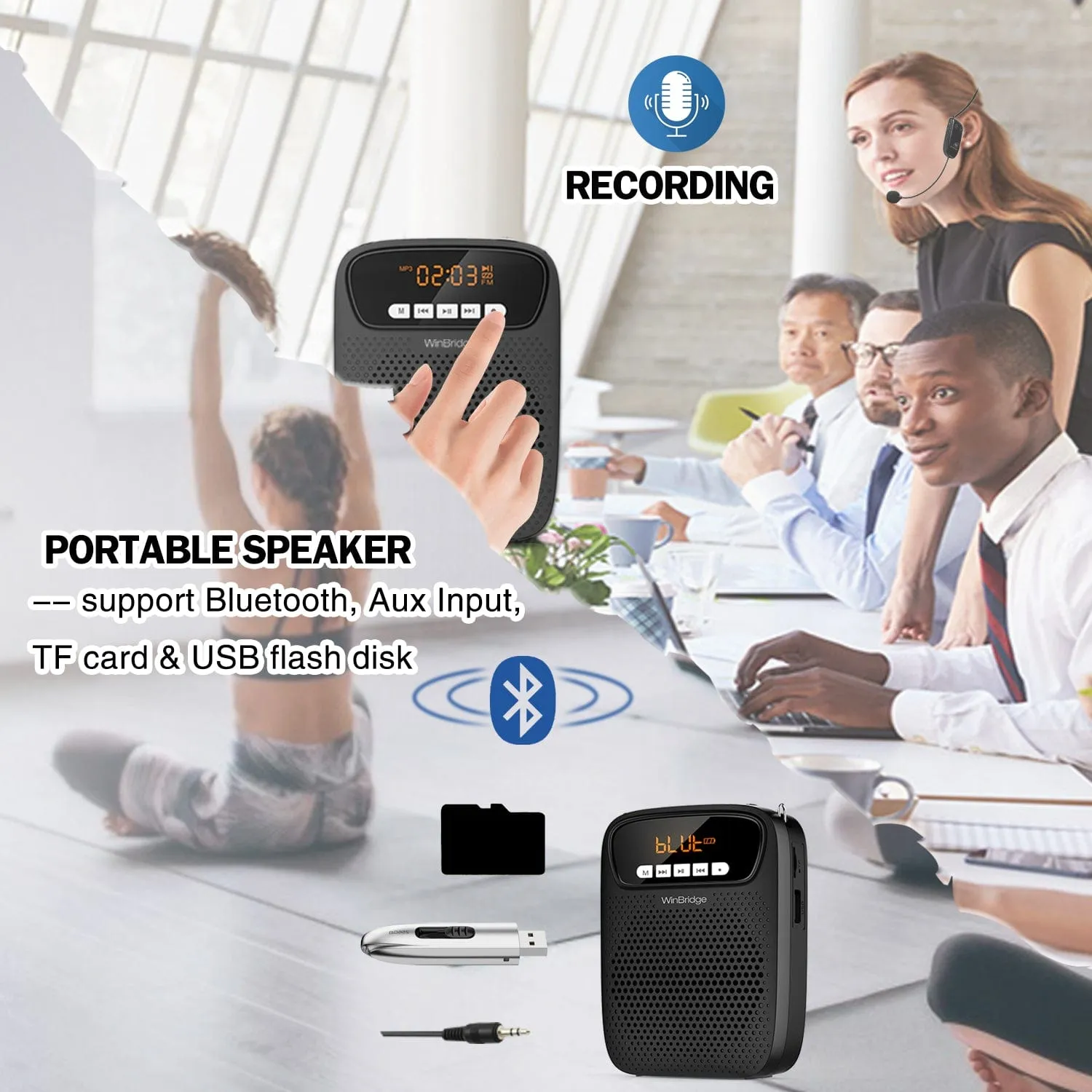 WinBridge S278UHF Portable Voice Amplifier Wireless & Wired Headset Microphone Speaker Mini Lightweight Personal Classroom Mic for Teachers Supports AUX Input,Bluetooth 5.0,Recording