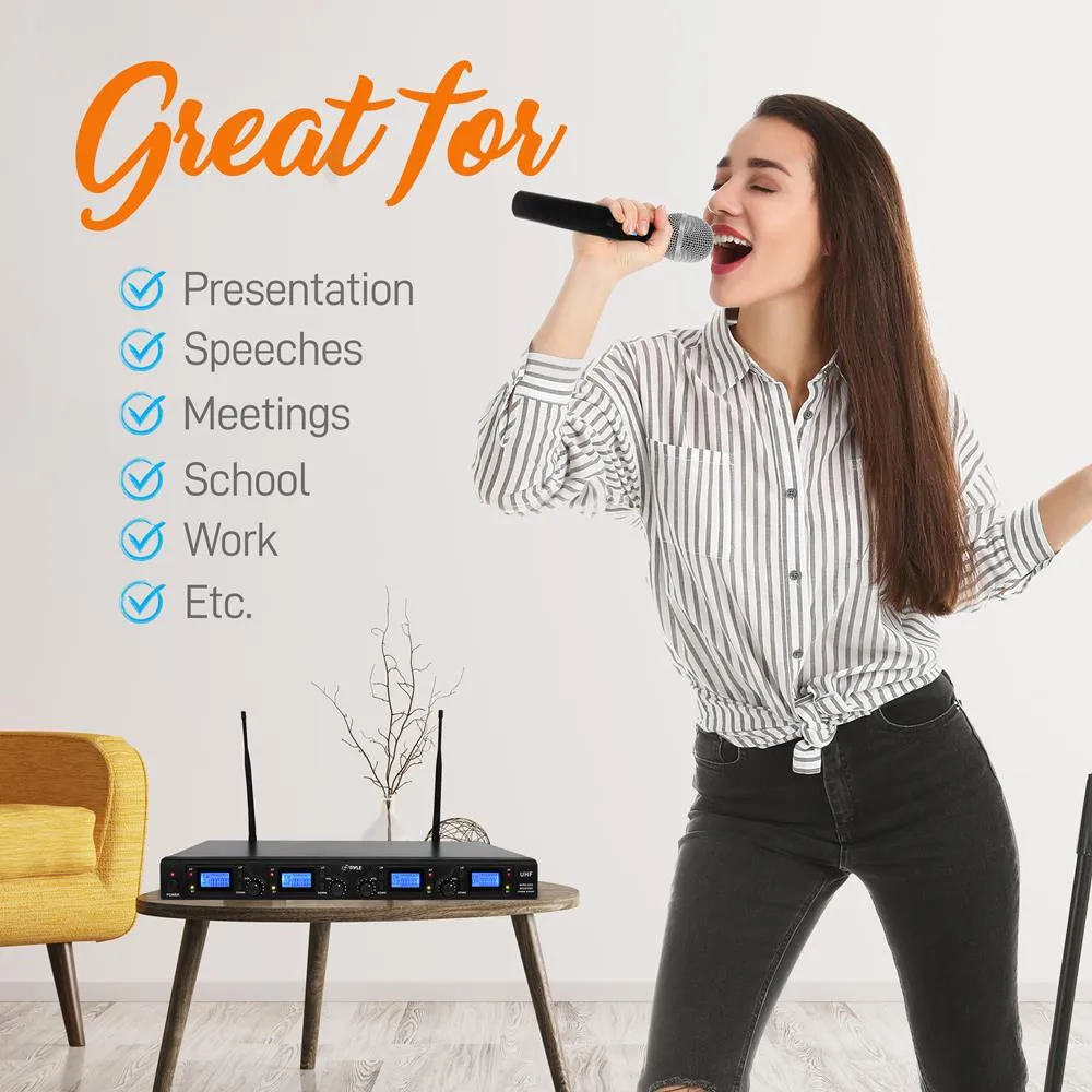 Wireless Microphone System, Uhf Quad Channel, Rack Mountable, Includes (4) Handheld Microphones