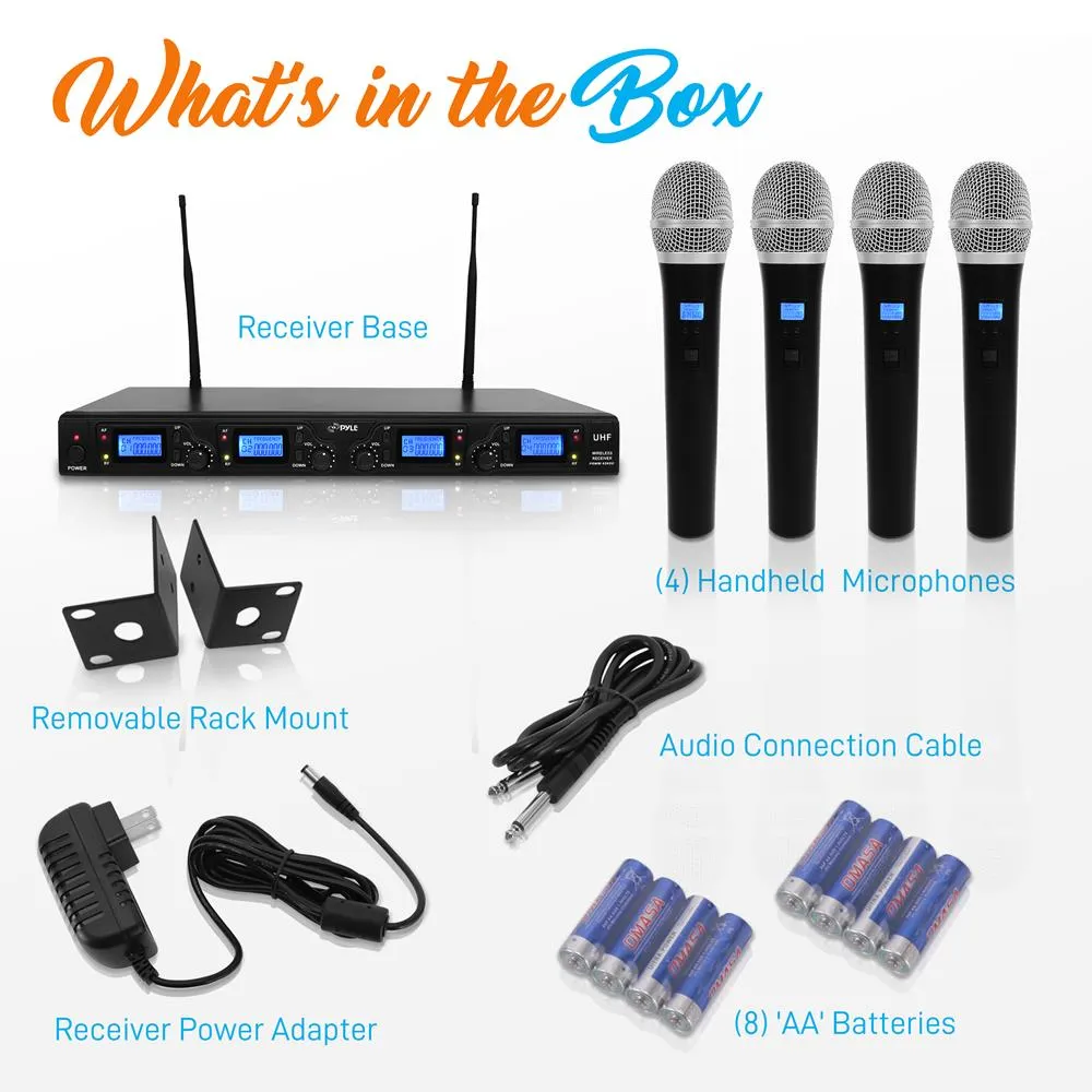 Wireless Microphone System, Uhf Quad Channel, Rack Mountable, Includes (4) Handheld Microphones