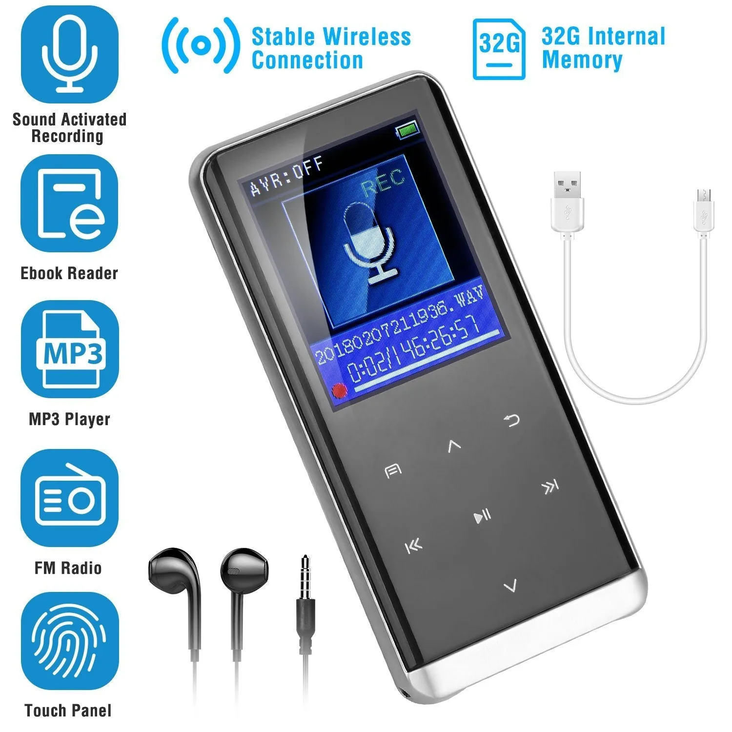 Wireless MP3 Player with Voice Recorder 32G Digital Music HiFi