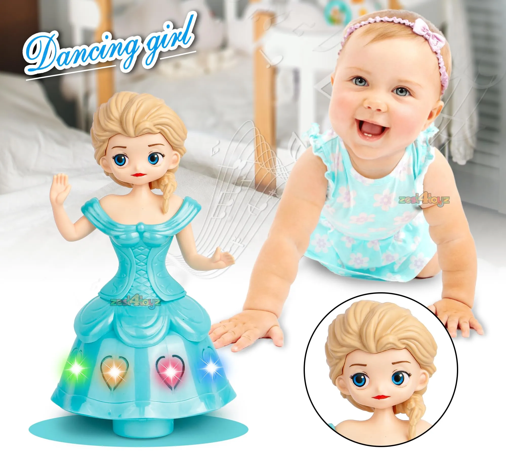 Zest 4 Toyz Musical Toys for Kids Dancing Doll Princess 360 Rotating Light & Sound Toy Bump and Go Action for 1 Year Old Baby Boys & Girls (Pack of 1) Random Colors