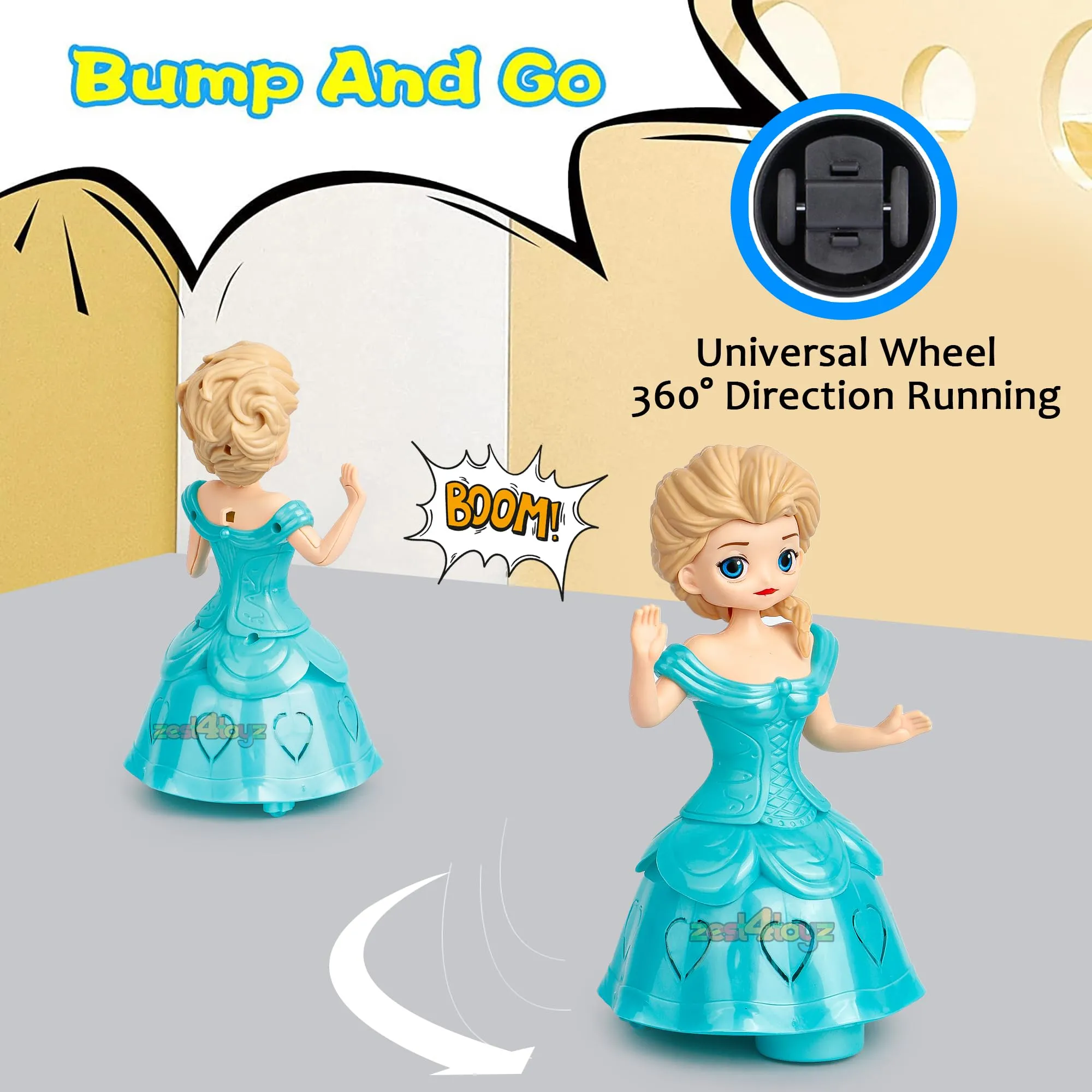 Zest 4 Toyz Musical Toys for Kids Dancing Doll Princess 360 Rotating Light & Sound Toy Bump and Go Action for 1 Year Old Baby Boys & Girls (Pack of 1) Random Colors