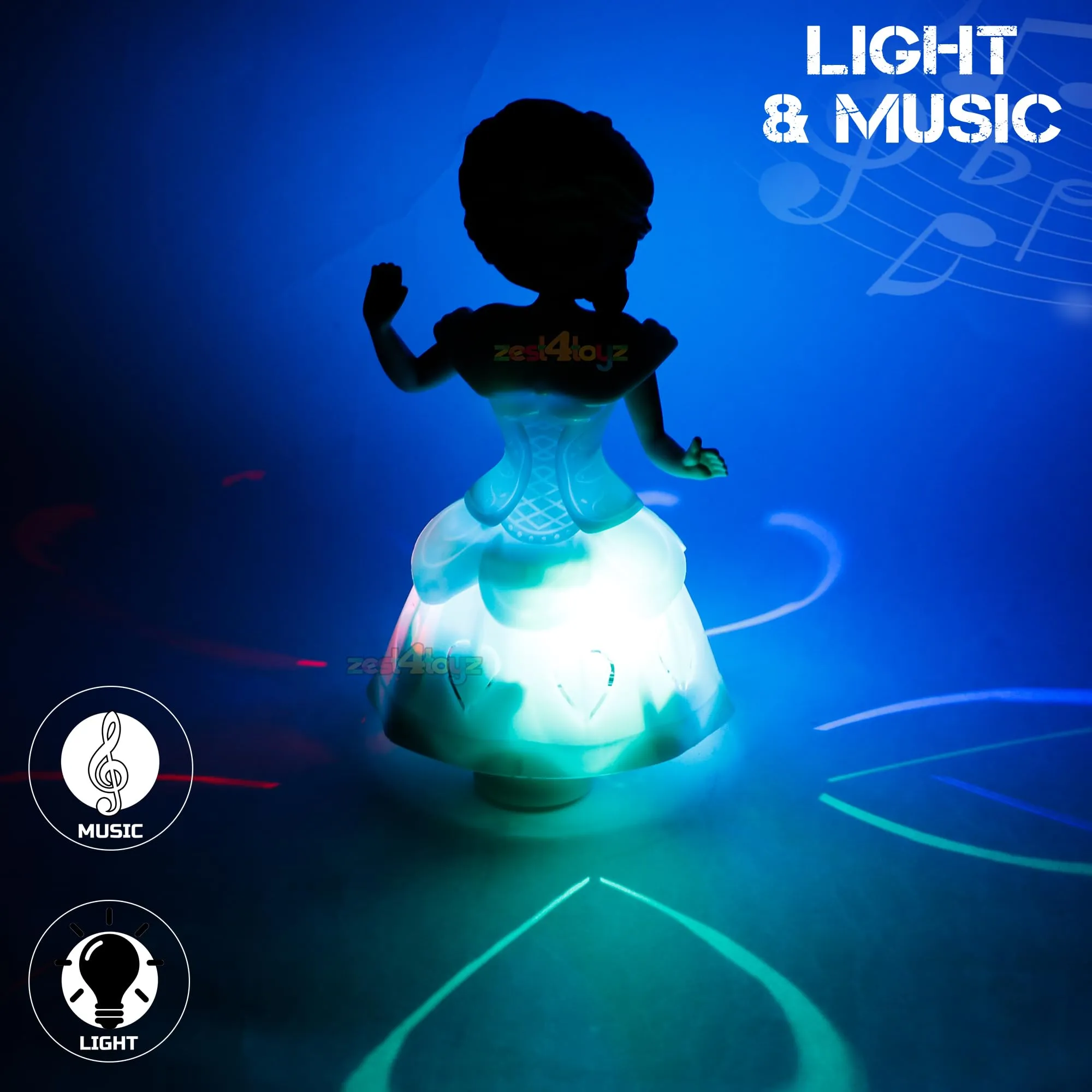 Zest 4 Toyz Musical Toys for Kids Dancing Doll Princess 360 Rotating Light & Sound Toy Bump and Go Action for 1 Year Old Baby Boys & Girls (Pack of 1) Random Colors